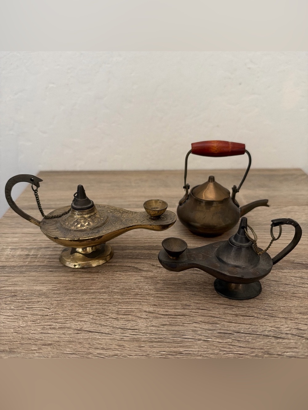Lot of 3 Vintage Brass Handmade Decorative Small Oil Lamps and Teapot Kettle